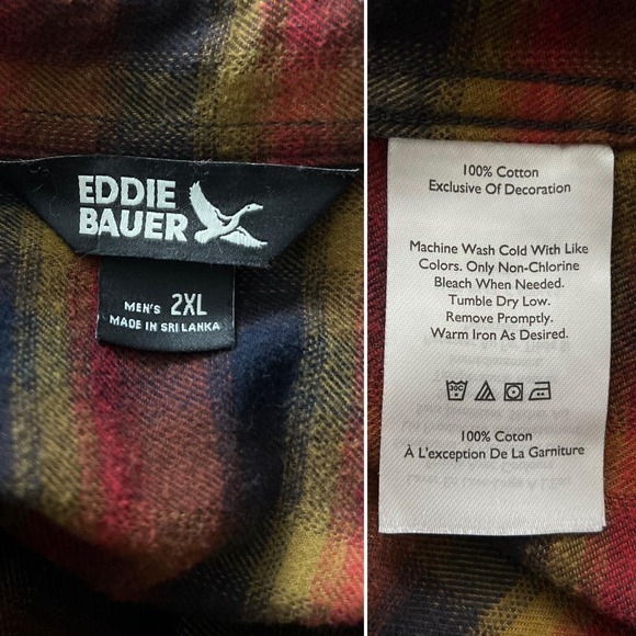 Eddie Bauer Shirt Mens 2XL Plaid Flannel Button Down Long Sleeve Red Blue Yellow - Picture 7 of 7